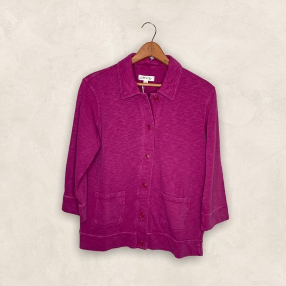 New Orvis Size XS S Purple Sunwash 100% Cotton Slub Knit Pocket Cardigan Sweater
